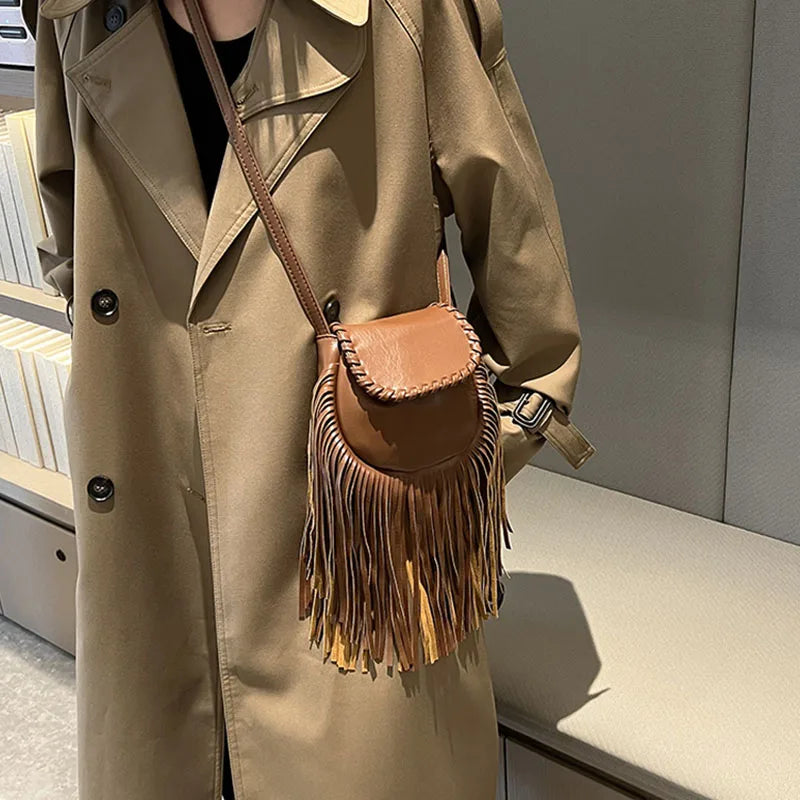 PU Leather Shoulder Bags Women Tassel Handbags Purse Ladies Retro CrossBody Bag