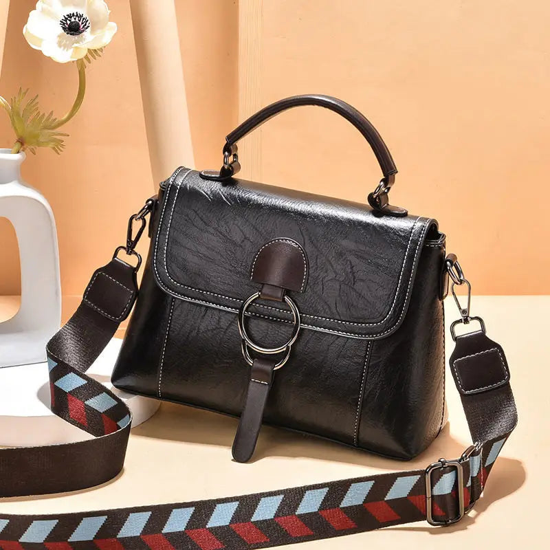 PU Leather Wide Strap Women Shoulder Crossbody Bag Lock Vintage Tote Handbag