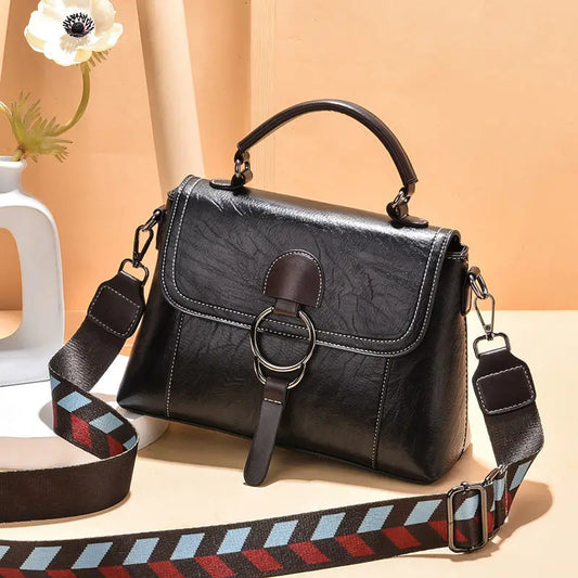 PU Leather Wide Strap Women Shoulder Crossbody Bag Lock Vintage Tote Handbag