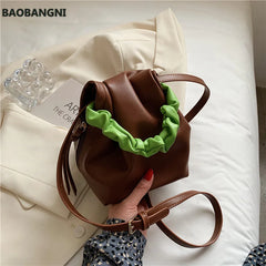 Stylish PU Leather Shoulder Bag Hit Color Bucket Bag