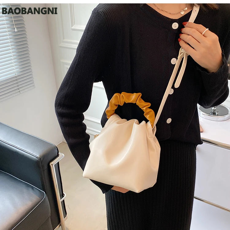 Stylish PU Leather Shoulder Bag Hit Color Bucket Bag
