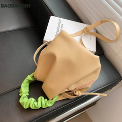 Stylish PU Leather Shoulder Bag Hit Color Bucket Bag