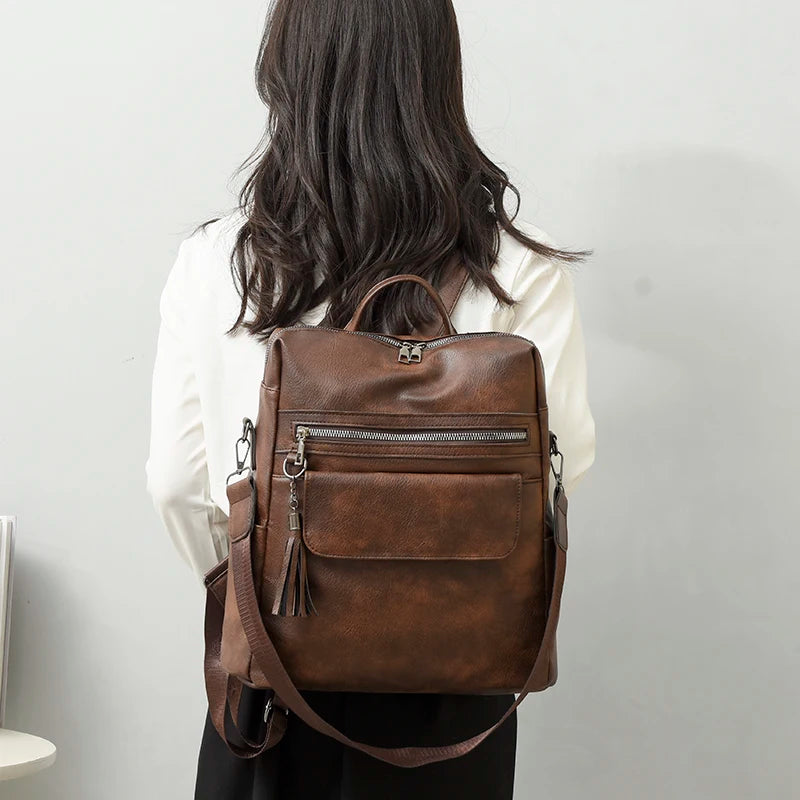 Vintage Woman Backpack Soft Leather Bag Ladies Rucksack