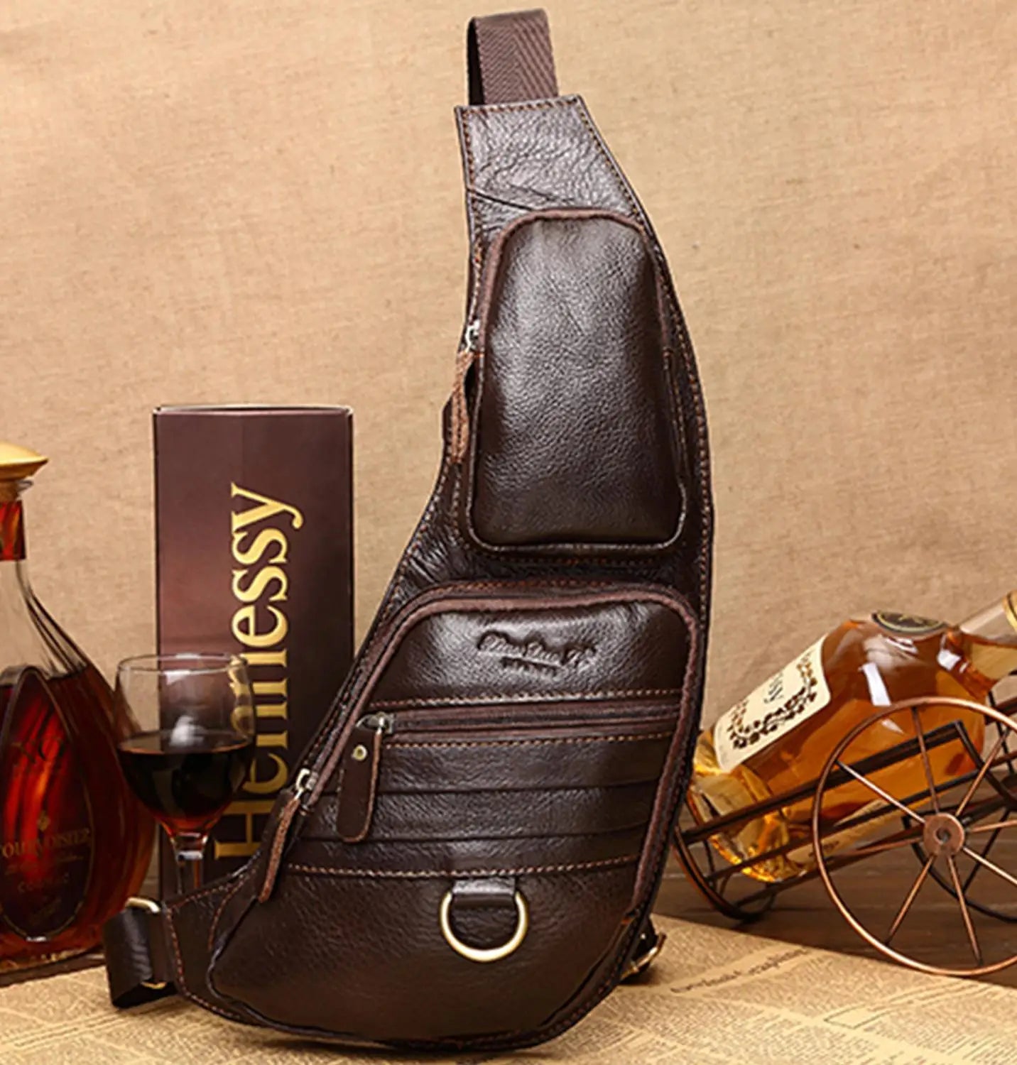 Real Cowhide Men Shoulder Chest Bag Retro Travel Sling Rucksack