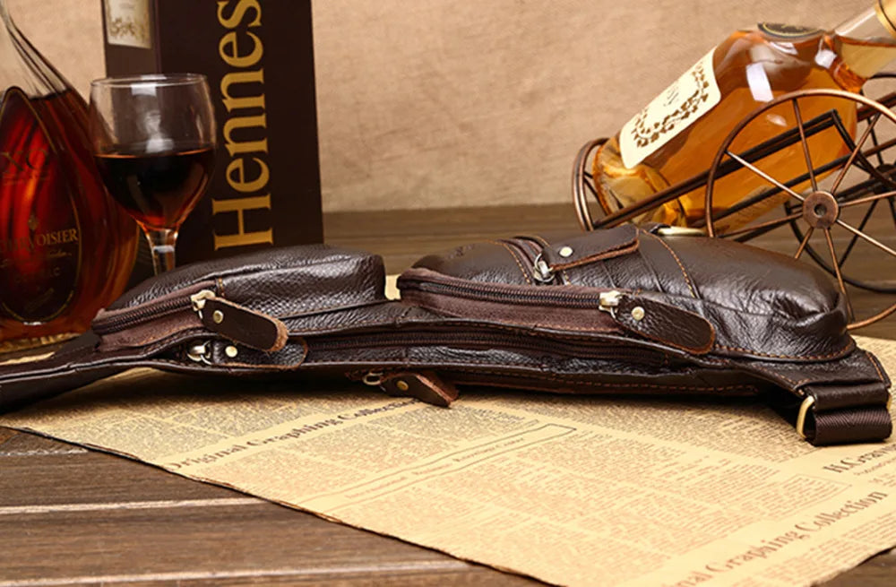 Real Cowhide Men Shoulder Chest Bag Retro Travel Sling Rucksack