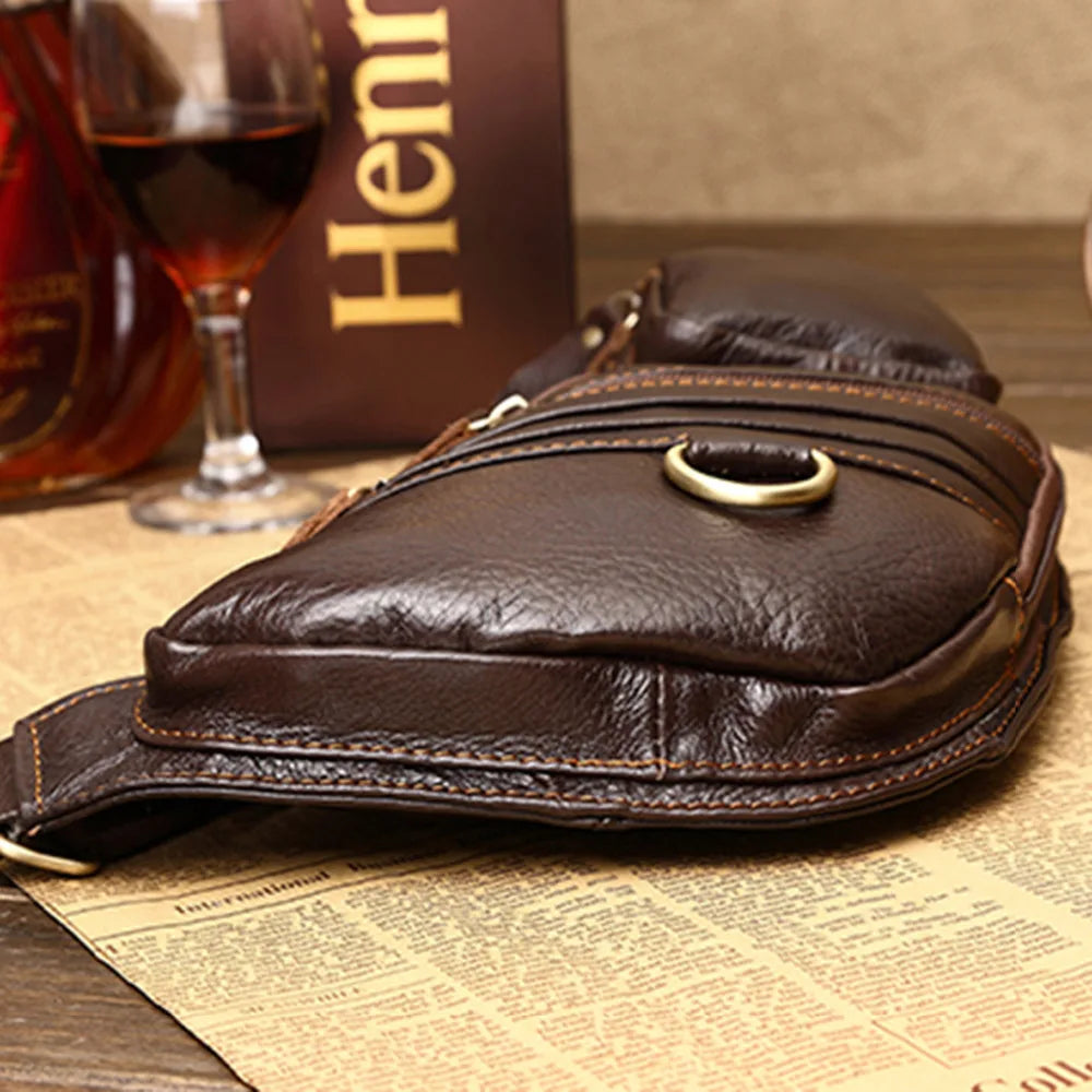 Real Cowhide Men Shoulder Chest Bag Retro Travel Sling Rucksack