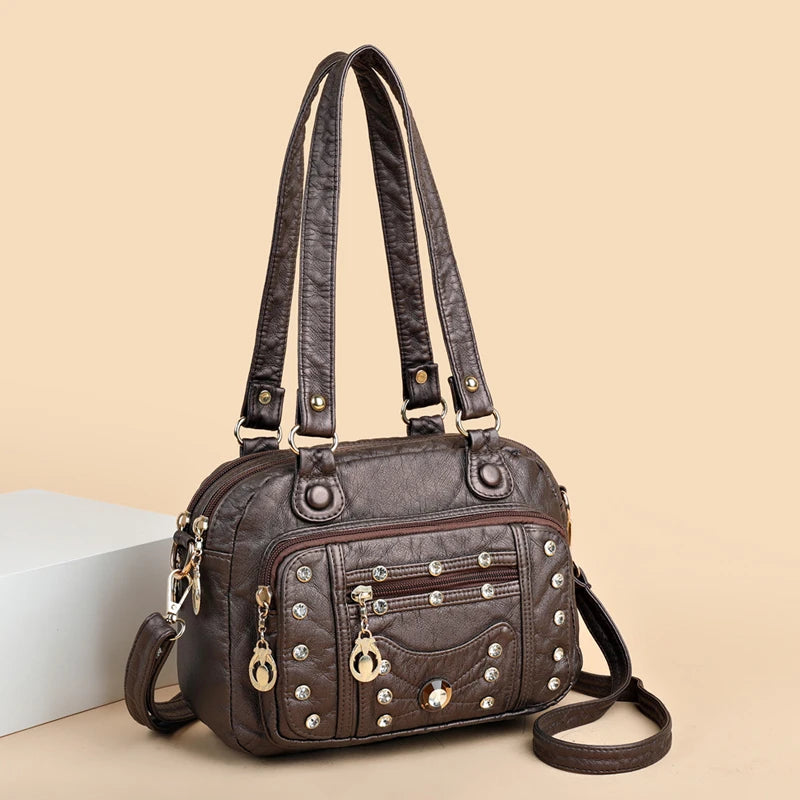 Soft Leather Women Handbag Small Female Shoulder Messenger Bags Rivet Tote