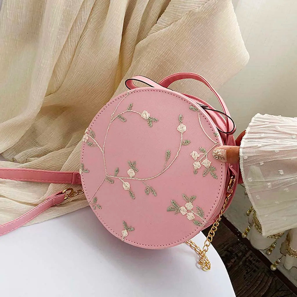 Sweet Lace Round Handbags PU Leather Women Crossbody Bags