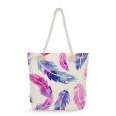 Feather Print Rope Beach Tote Bag, Eco Reusable Handbag for Women