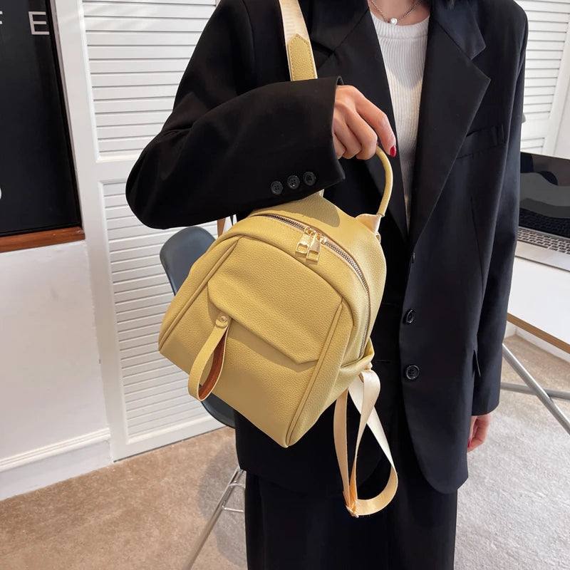 Solid Leather Women Backpack College Style Travel Rucksack