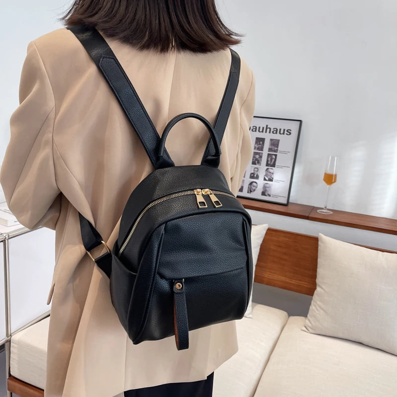 Solid Leather Women Backpack College Style Travel Rucksack