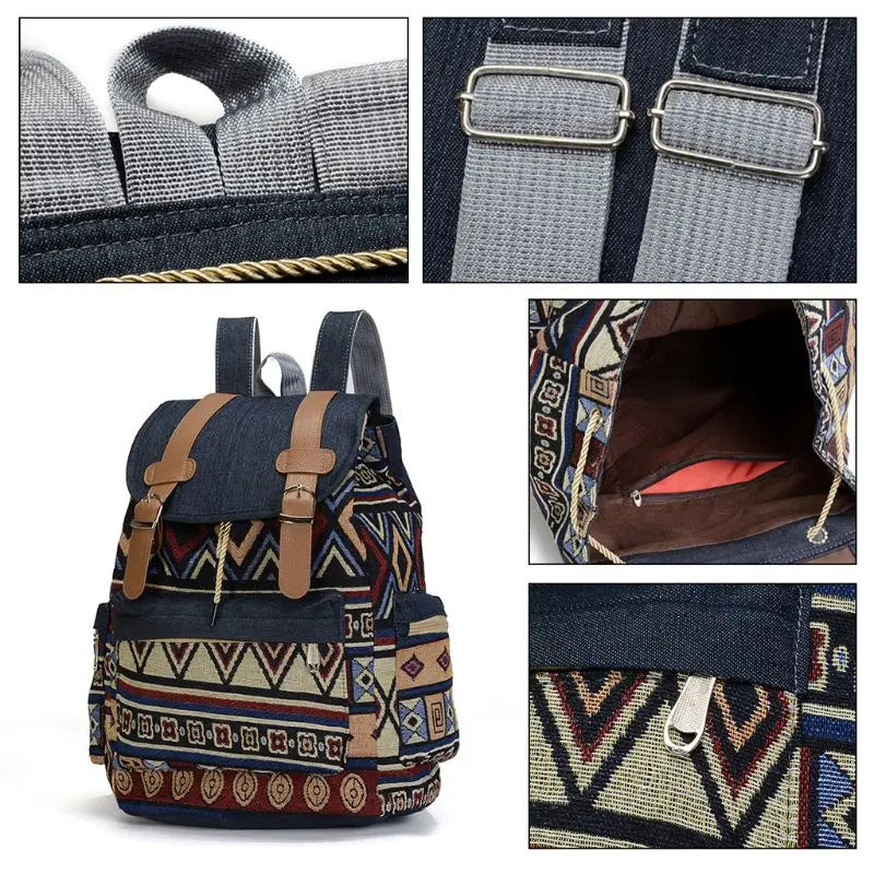 Women Canvas Vintage Backpack Ethnic Bohemian Schoolbag