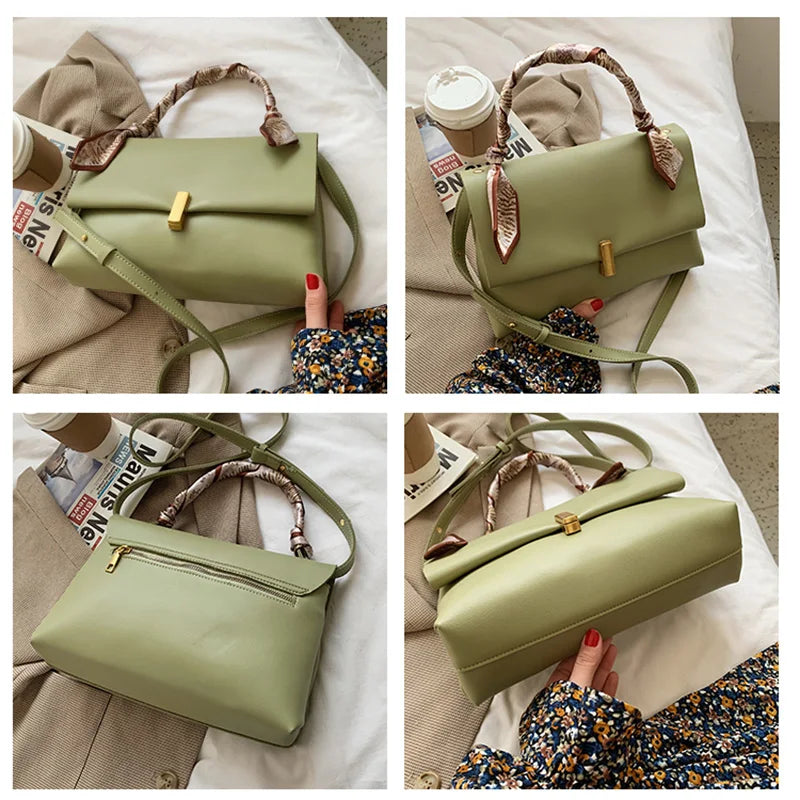 Vintage Women Leather Handbag Crossbody Bag with Ribbons Flap