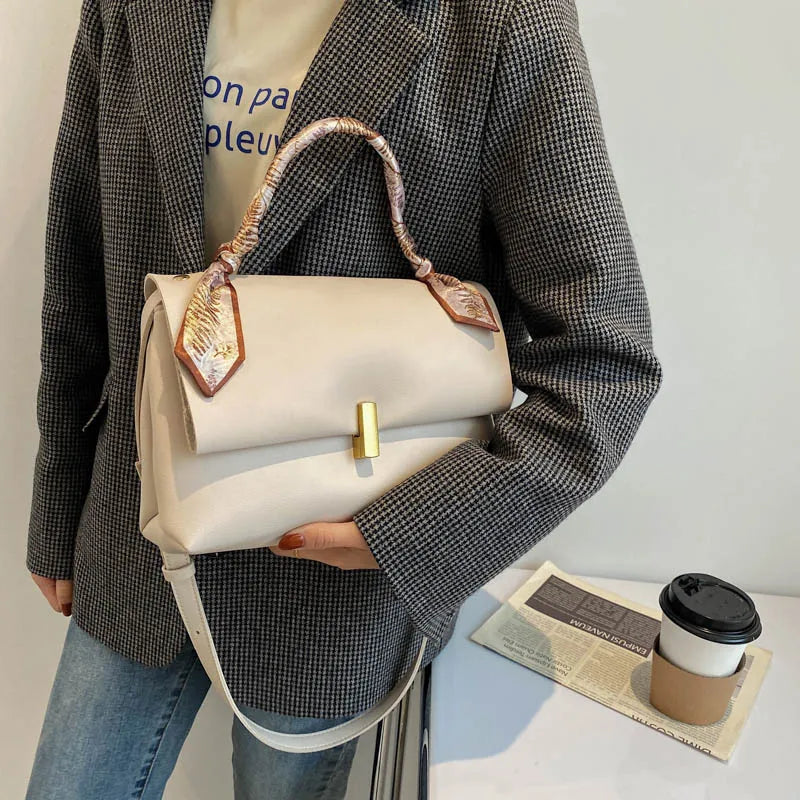 Vintage Women Leather Handbag Crossbody Bag with Ribbons Flap