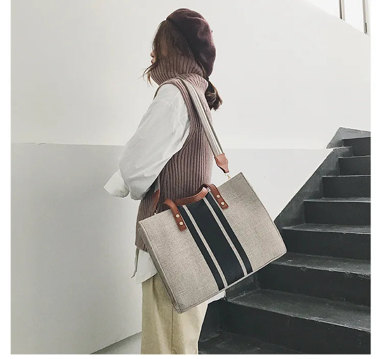High Women Linen Tote Large Capacity Female Casual Shoulder Bag