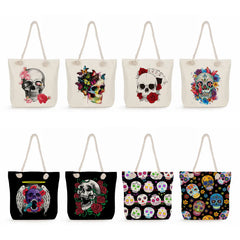 Floral Skull Print Shoulder Bag Large Capacity Halloween Tote