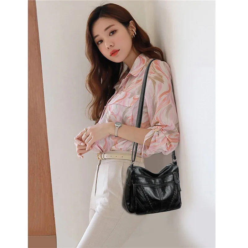 Women's Soft Leather Shoulder Bag Handbag Multi-Layer Classic Crossbody Bag