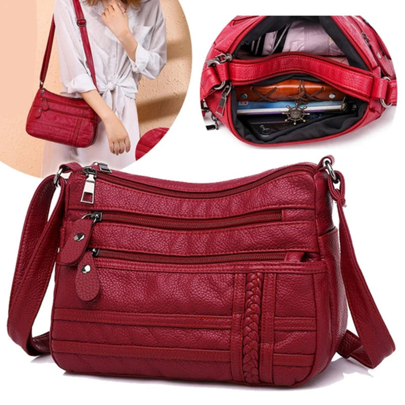 Soft Leather Shoulder Bag - Multi-Layer Classic Crossbody Handbag