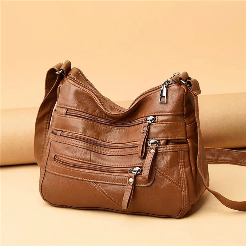 Women's Leather Shoulder Bag Multi-Layer Shopper Crossbody Handbag