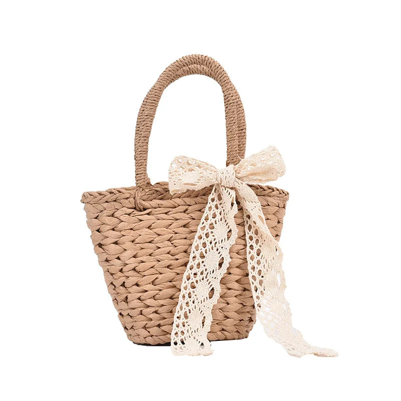 Handwoven Straw Bucket Bag Shoulder Crossbody Beach Travel Bag