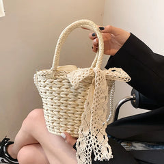 Handwoven Straw Bucket Bag Shoulder Crossbody Beach Travel Bag