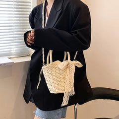 Handwoven Straw Bucket Bag Shoulder Crossbody Beach Travel Bag