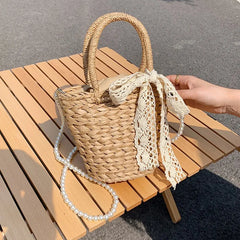 Handwoven Straw Bucket Bag Shoulder Crossbody Beach Travel Bag