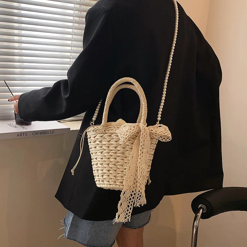 Handwoven Straw Bucket Bag Shoulder Crossbody Beach Travel Bag
