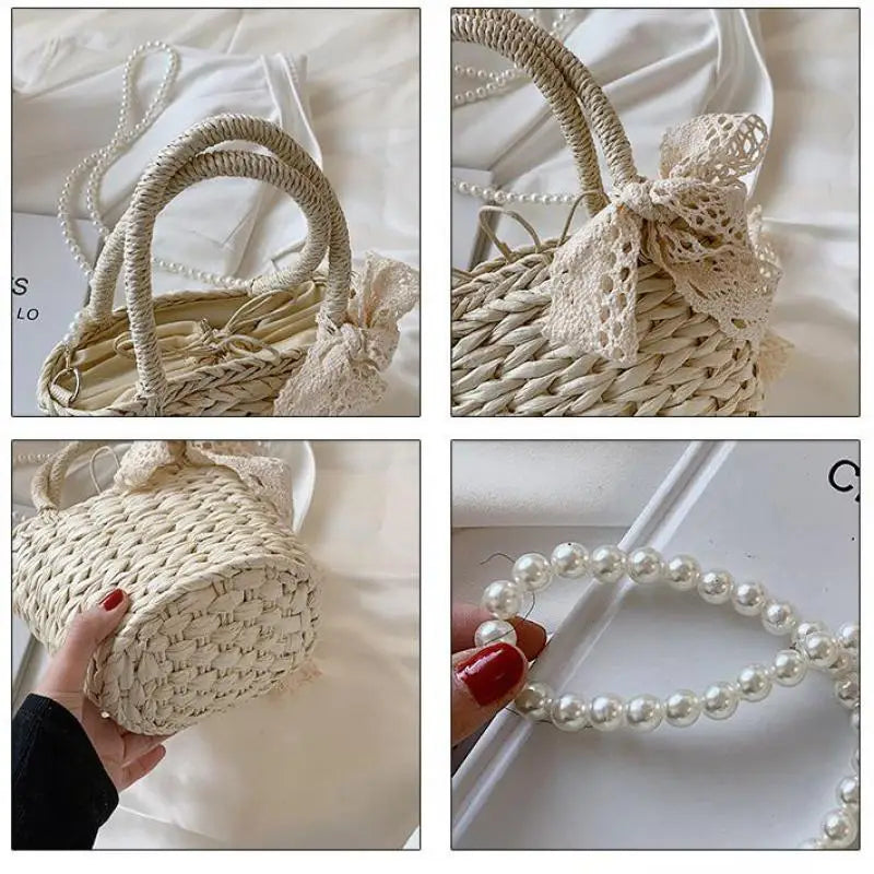 Handwoven Straw Bucket Bag Shoulder Crossbody Beach Travel Bag