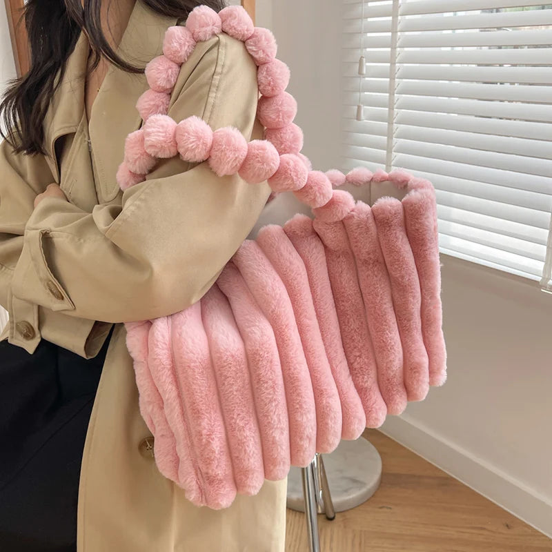 Women's Winter Faux Fur High Handbags Soft Tote Bags