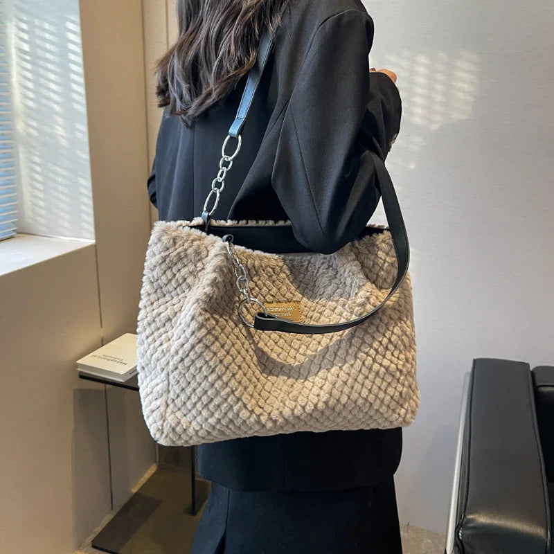 Soft Plush Handbag for Women Large Shopper Bag Ladies Tote Winter
