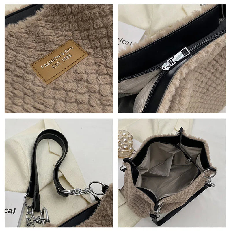 Soft Plush Handbag for Women Large Shopper Bag Ladies Tote Winter