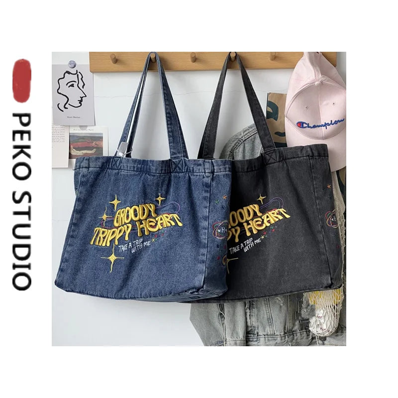 Denim Tote Book Bag Student Messenger Bag