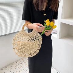 Vintage Straw Woven Beach Handbag Hollowed Out Holiday Bag