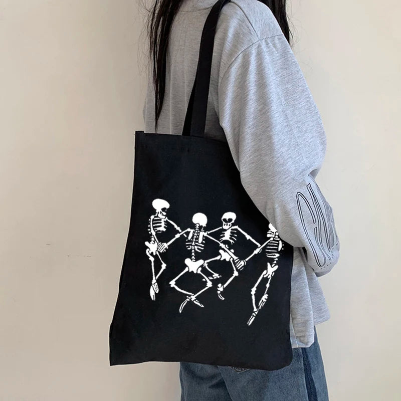 Gothic Skull Print Large Capacity Canvas Shopper Bag