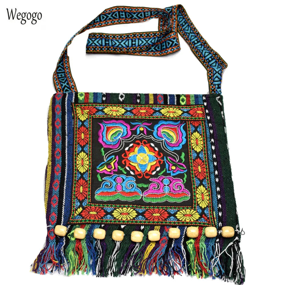 Hmong Vintage Ethnic Shoulder Bag Embroidery Tassel Tote Messenger Bags