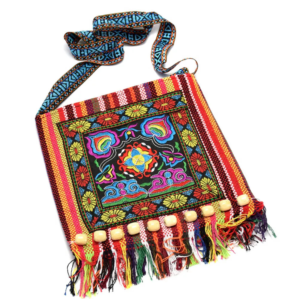Hmong Vintage Ethnic Shoulder Bag Embroidery Tassel Tote Messenger Bags