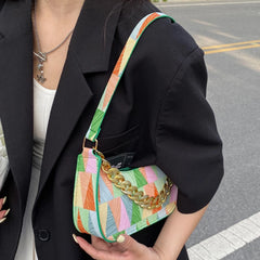 Hobos Crossbody Bag Women Small Tote Bag Thick Chain Colorful Triangle Printed T