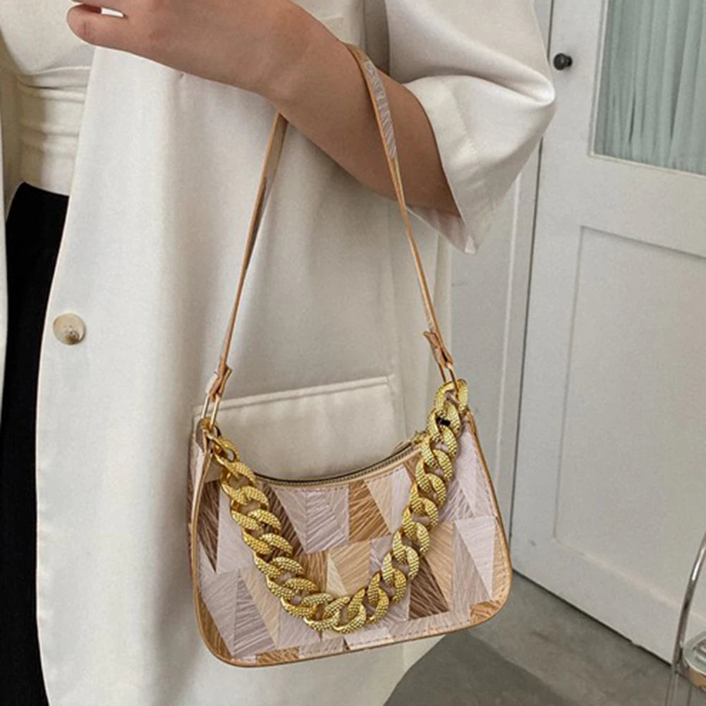 Hobos Crossbody Bag Women Small Tote Bag Thick Chain Colorful Triangle Printed T