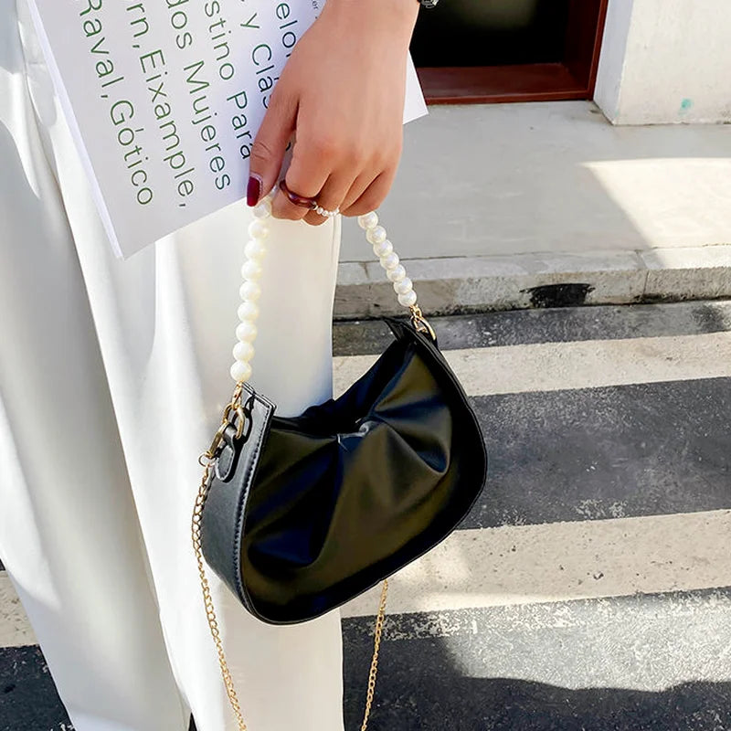 Hobos Shoulder Bags Women Sweet Underarm Pearls All-match Zipper Soft
