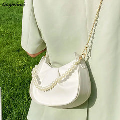 Hobos Shoulder Bags Women Sweet Underarm Pearls All-match Zipper Soft