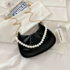 Hobos Shoulder Bags Women Sweet Underarm Pearls All-match Zipper Soft