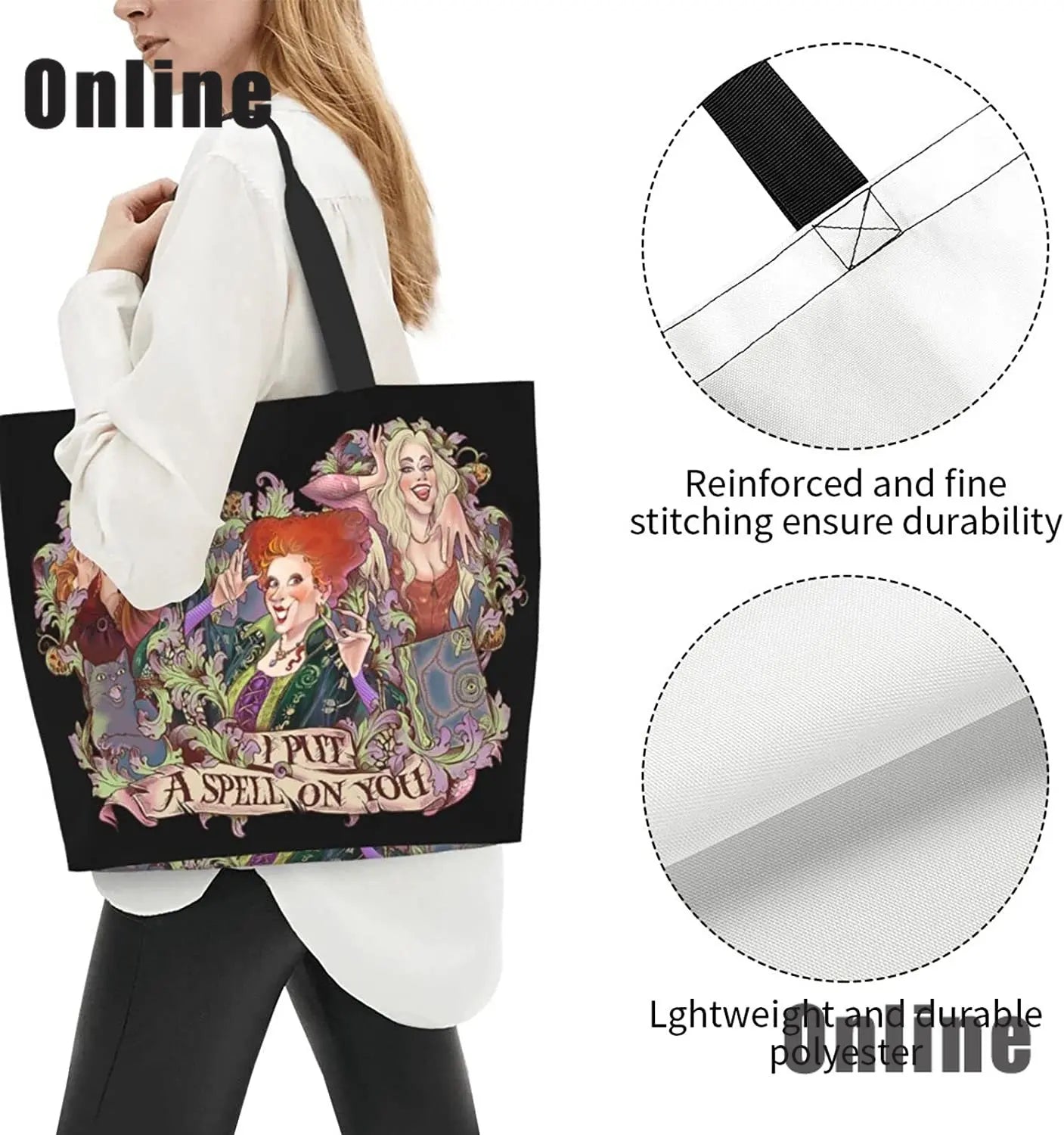 Hocus Pocus Tote Bag Halloween Handbags Heavy Duty Shopping Grocery