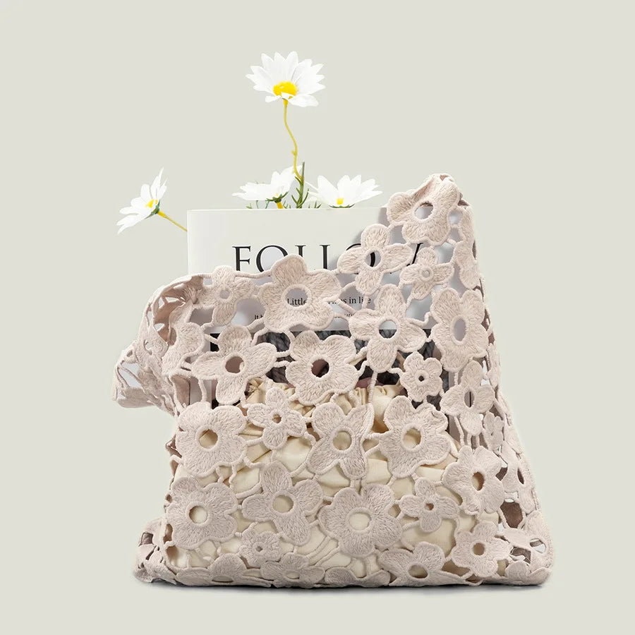 Hollow Flower Woven Handbags for Women Cotton Canvas Big Tote Summer Shoulder Ba