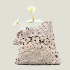 Hollow Flower Woven Handbags for Women Cotton Canvas Big Tote Summer Shoulder Ba
