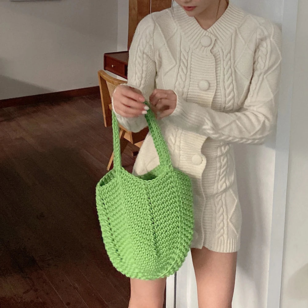 Hollow Woven Handbags Beach Casual Soft Shoulder Bag Solid Style Travel Purse