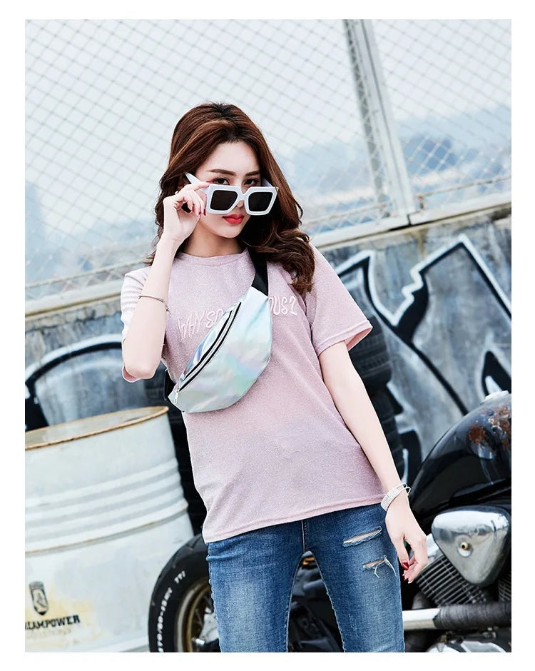 Silver Holographic PVC Laser Women Waist Pack Shining Fanny Pack Mobile Purse