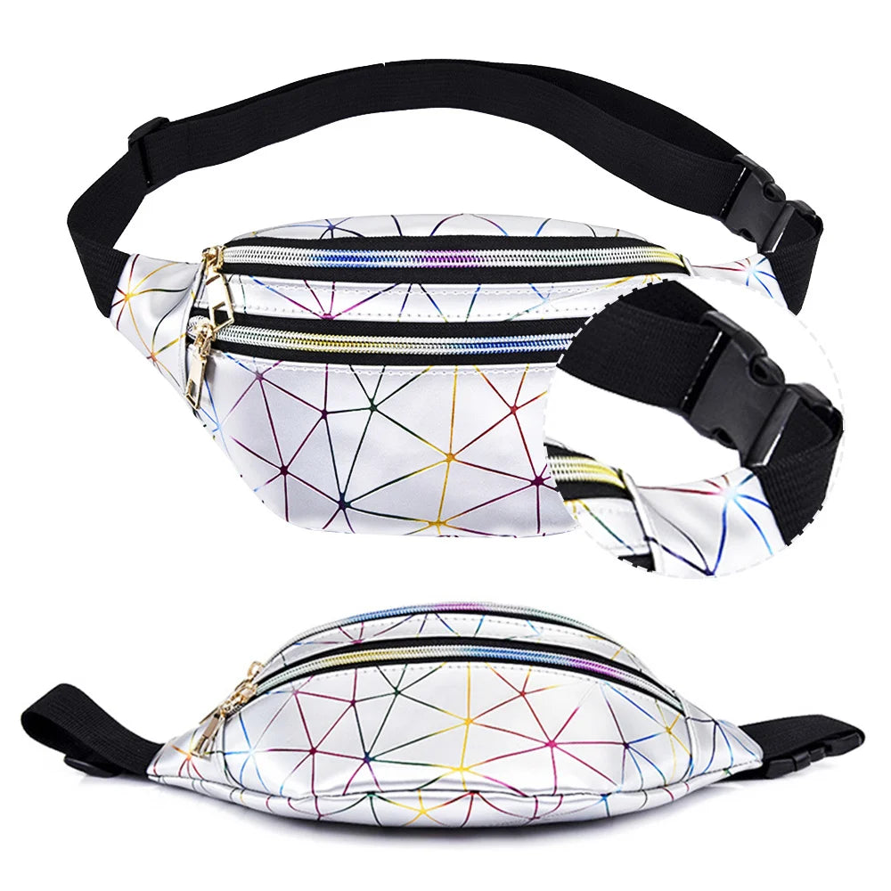 Holographic Waist Bags Women Pink Silver Female Belt Bag Geometric Waist Packs