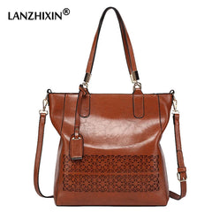 Hollow Out Leather Shoulder Bag Tassel Tote Crossbody Handbag