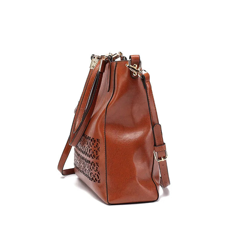 Hollow Out Leather Shoulder Bag Tassel Tote Crossbody Handbag